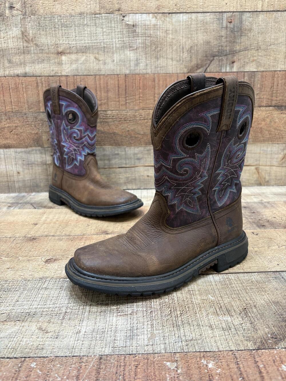 Rocky Western Boots Kids Size 3.5 Brown Purple Leather Square Toe RKW0302Y